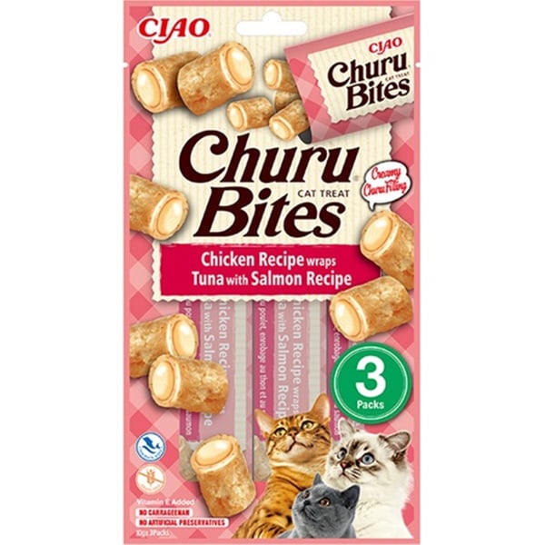 CİAO CHURU BİTES TAVUK SARGILI , TON BALIKLI VE SOMONLU KEDİ ÖDÜL MAMASI 3 X 10 GR*12