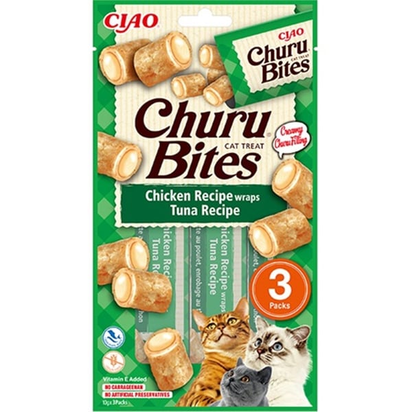 CİAO CHURU BİTES TAVUK SARGILI VE TON BALIKLI KEDİ ÖDÜL MAMASI 3 X 10 GR*12