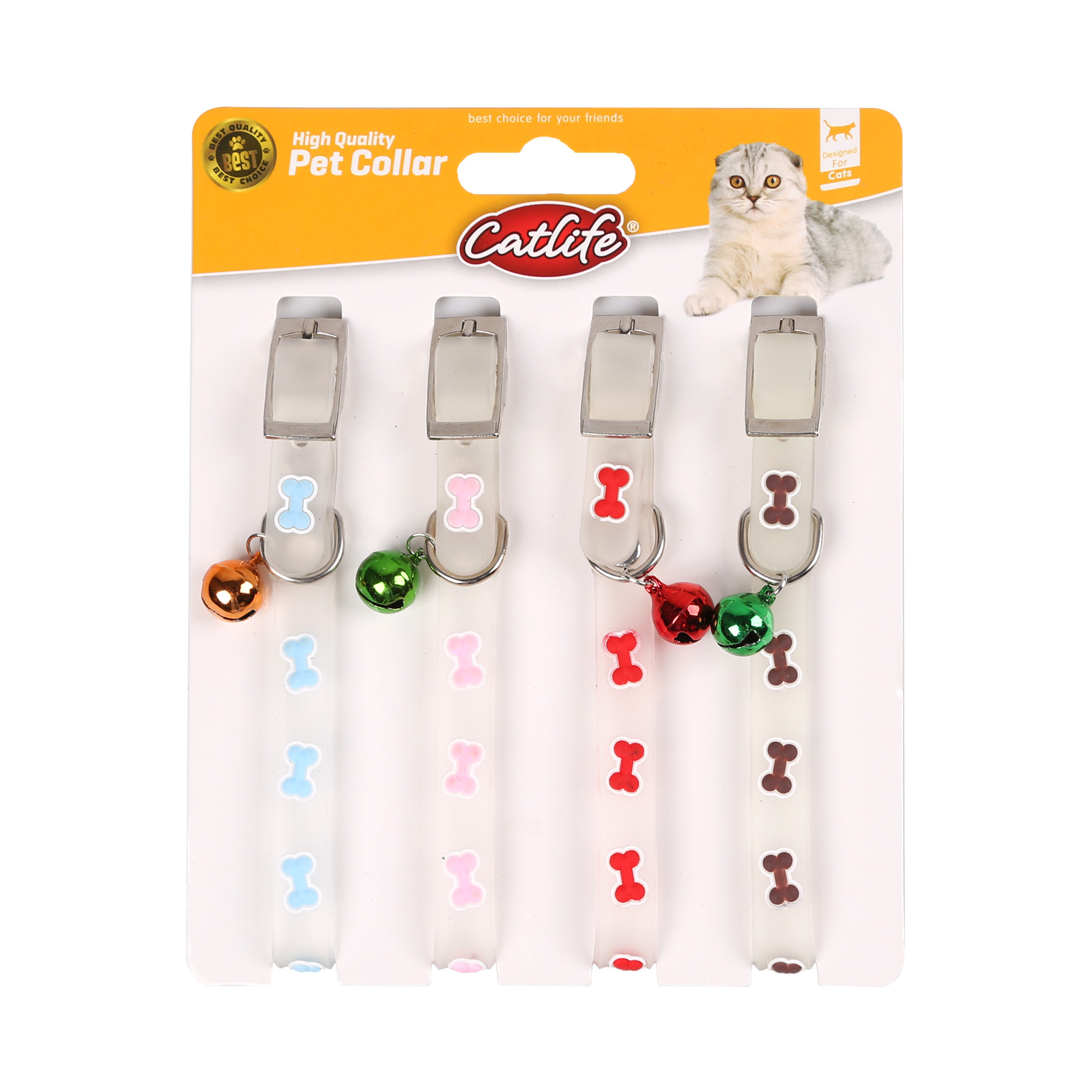 CATLİFE 4LÜ KEMİK DESENLİ FOSFORLU SİLİKON BOYUN TASMASI ZİLLİ