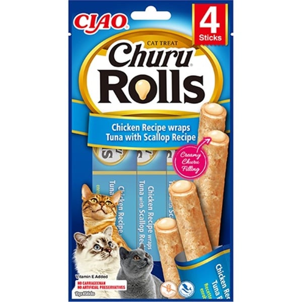 CİAO CHURU ROLLS STİCKS DENİZ TARAKLI, TAVUK SARGILI VE TON BALIKLI KEDİ ÖDÜL MAMASI 4 X 10 GR*12