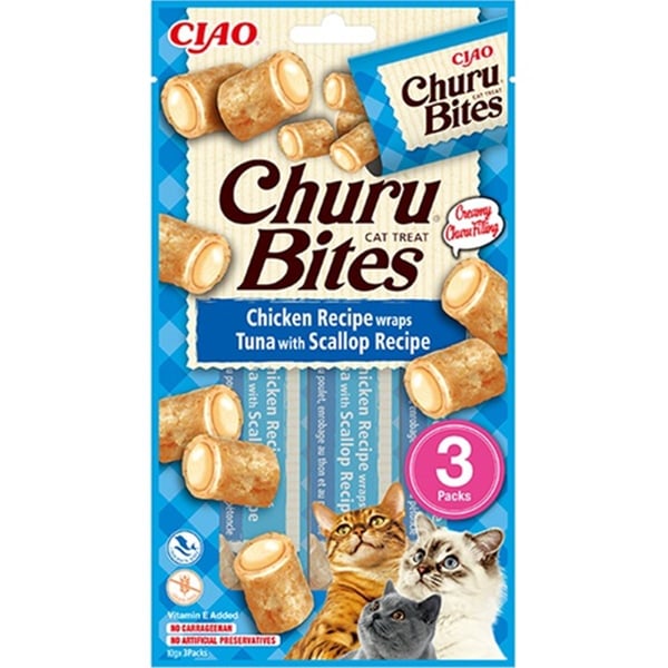 CİAO CHURU BİTES TAVUK  SARGILI, DENİZ TARAKLI VE TON BALIKLI KEDİ ÖDÜL MAMASI 3 X 10 GR*12
